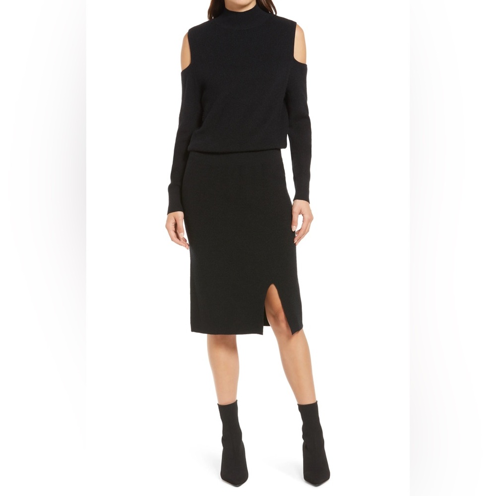 Black open shoulders Midi Sweater Dress with Slit